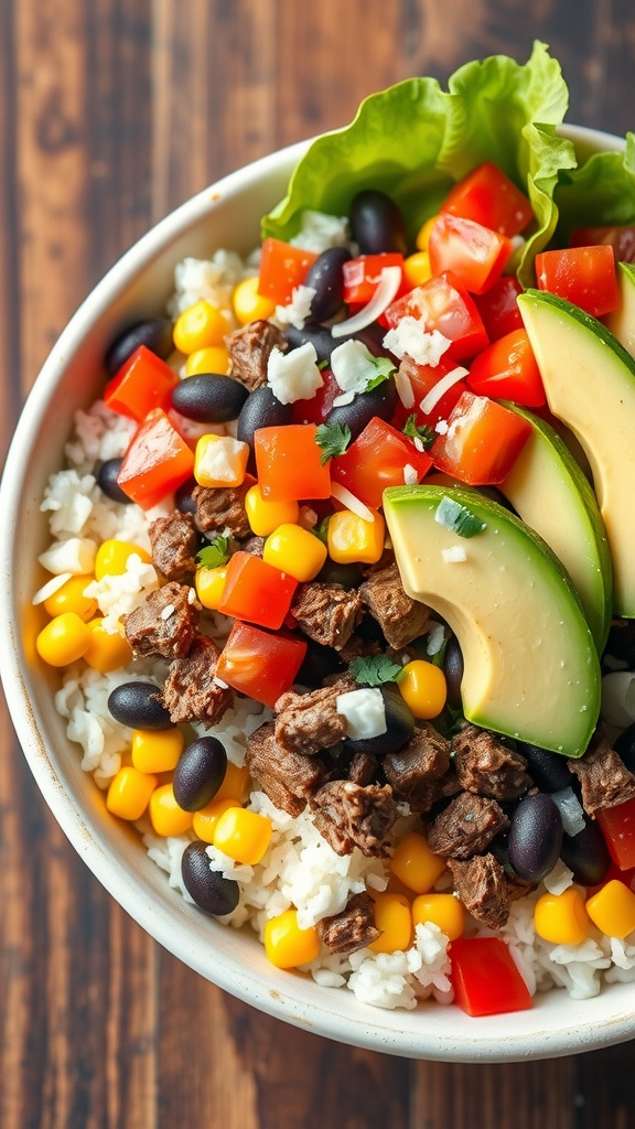 A hearty burrito bowl with ground beef, beans, rice, and colorful toppings including avocado and cheese.
